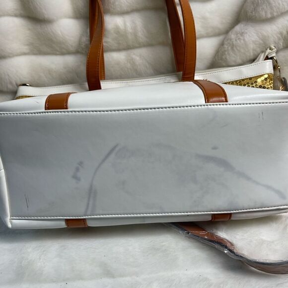 J Francis gold sequins with white and tan faux leather trims tote/shoulder bag. - Picture 7 of 10